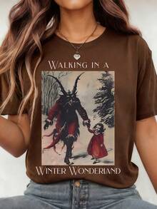 EMERY ROSE Retro Fun Winter Stroll Wonderland Merry Christmas T-Shirt, Women's Wear, Summer - Coffee Brown - View 1