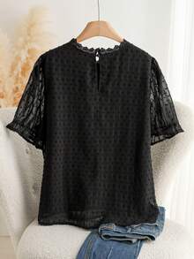 CosyJoli Plus Size Elegant Simple Versatile Chiffon Jacquard Lace Patchwork White Women Shirt, Suitable For Office,Slightly Sheer, Commuting, And Outings Spring To Summer - Black - View 2