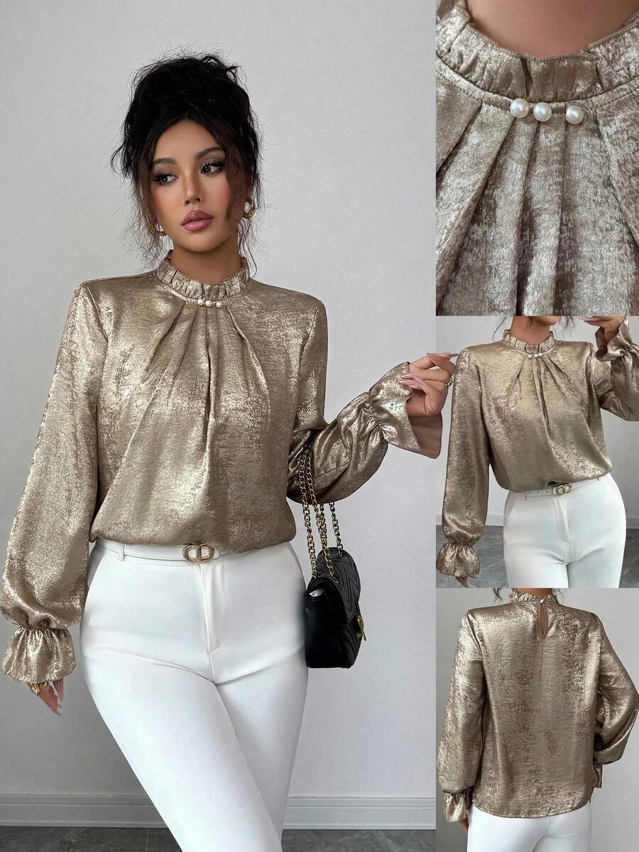 Elenzga Camicetta elegante e lussuosa da donna taglie forti con riflessi dorati, collo con volant, decorazione in perle, spacco sul retro, polsini con volant, vestibilità lunga e morbida, casual, adatta per primavera/autunno