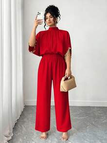 Elenzga 大码女式优雅短袖连体裤，立领，后系带，刺绣袖口，适合日常和派对穿着 - 紅色 - 查看 4
