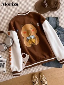 SHEIN Kurtka baseballowa dla dziewcząt w wieku 1/2 lat, uniwersalna, na co dzień, z motywem kapibary, z polarową podszewką, w stylu casualowym i patchworkowym, z motywem kapibary, jesień/zima