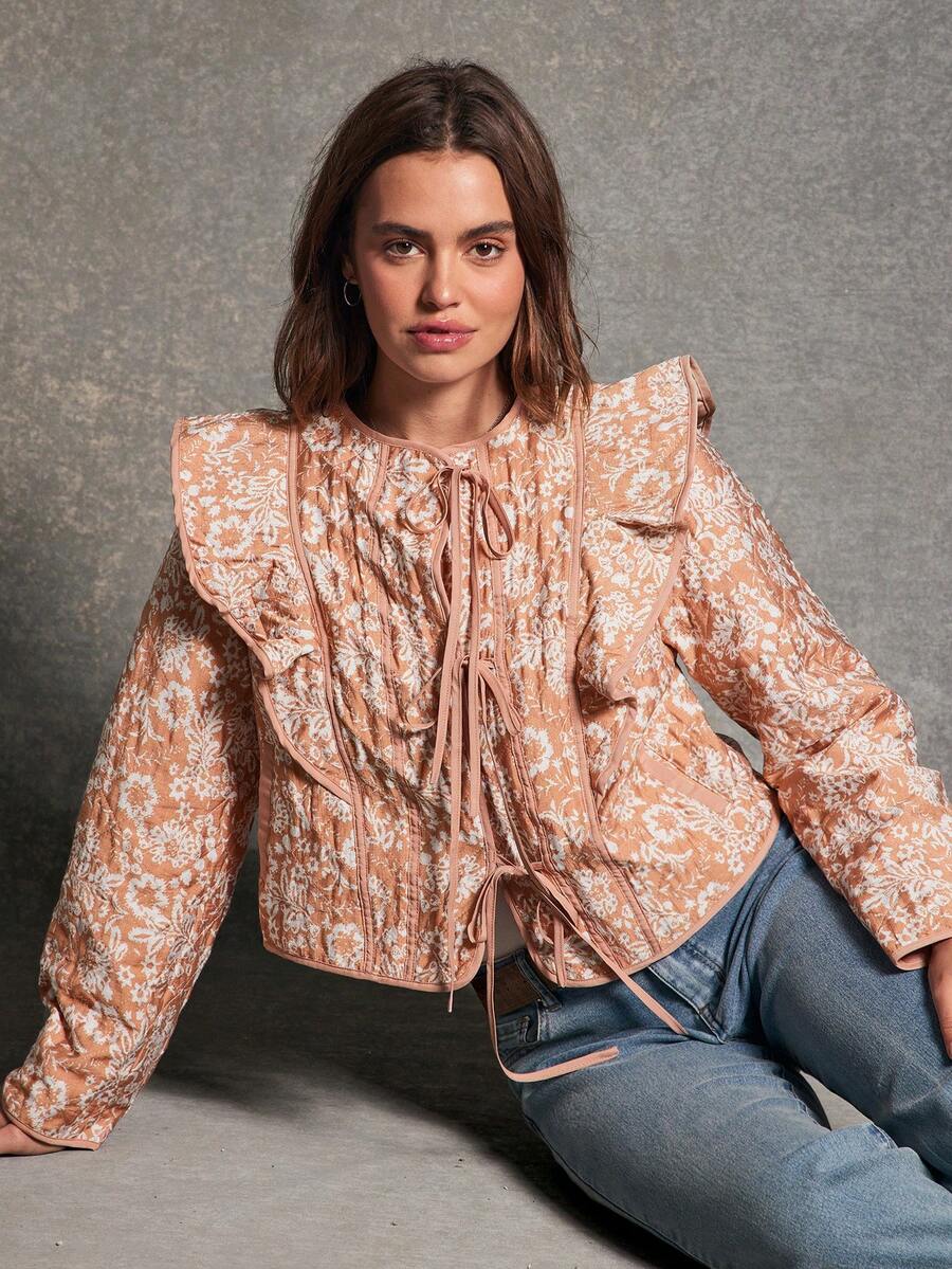 WESTFADE Round Neck Bow Tie Front Contrast Trim Ruffle Shoulder Long Sleeve Boxy Fit Paisley Floral Print Puffer Jacket Fall, Autumn, Winter, Casual, Boho - Brown - View 1