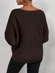 EMERY ROSE Solid Color Asymmetric-Shoulder Loose Fit Pullover Knit Sweater - Coffee Brown - View 2