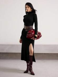 Heiryn 女士休闲针织毛衣连衣裙，秋冬季 - 黑色 - 查看 3