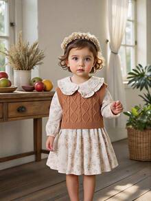 SHEIN Vintaside Kids Baby und Mädchen modischer, süßer, vielseitiger echter 2 Stücke Pullover-Set, gestrickter Pullunder und gewobenes Kleid mit Peter-Pan-Kragen für Oberbekleidung - Kamelfarben - Übersicht 8