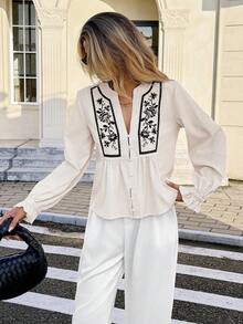 Serisse Blusa con cuello con muesca y bordado floral, estilo francés casual para oficina, elegante y minimalista, ideal para uso diario, citas, bodas, estilo "old money", fiestas nacionales y Acción de Gracias - Multicolor - Ver 4