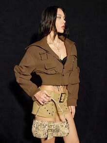 SHEIN ICON Women's Retro Baddie Street Style Oversized Pocket Decor Zipper Flight Jacket, Stand Collar, Long Sleeve, Autumn/Winter - Khaki - View 4