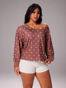 Rustia Plus Size Women's Polka Dot Sweatshirt, Brown, Casual & Comfortable Pullover Sweatshirt For Autumn/Winter Casual - Brown - View 4