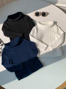 SHEIN 3pcs Baby Boy Soft Knit Casual Versatile Turtleneck Long Sleeve Pullover Tops, Suitable For Autumn & Winter Baby Solid Color Knitted Sweater Baby Turtle Neck  Thanksgiving Gift