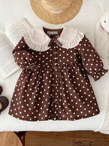 Blossori Vestido de manga larga con cuello de contraste de lunares elegante francés para niñas bebé