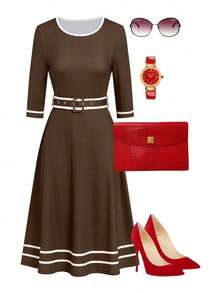 Ellevyn Váy đi làm thanh lịch dành cho nữ, phù hợp với giáo viên - màu nâu - Xem 12