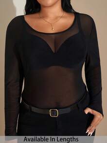 SHEIN Tall CURVE 女式加大码透视网眼长袖上衣 - 黑色 - 查看 1
