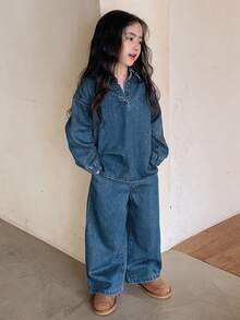 Dazy Kids Bộ 2 áo denim + quần denim ống rộng cho bé gái SeYoung Girlids mùa thu - Rửa trung bình - Xem 1