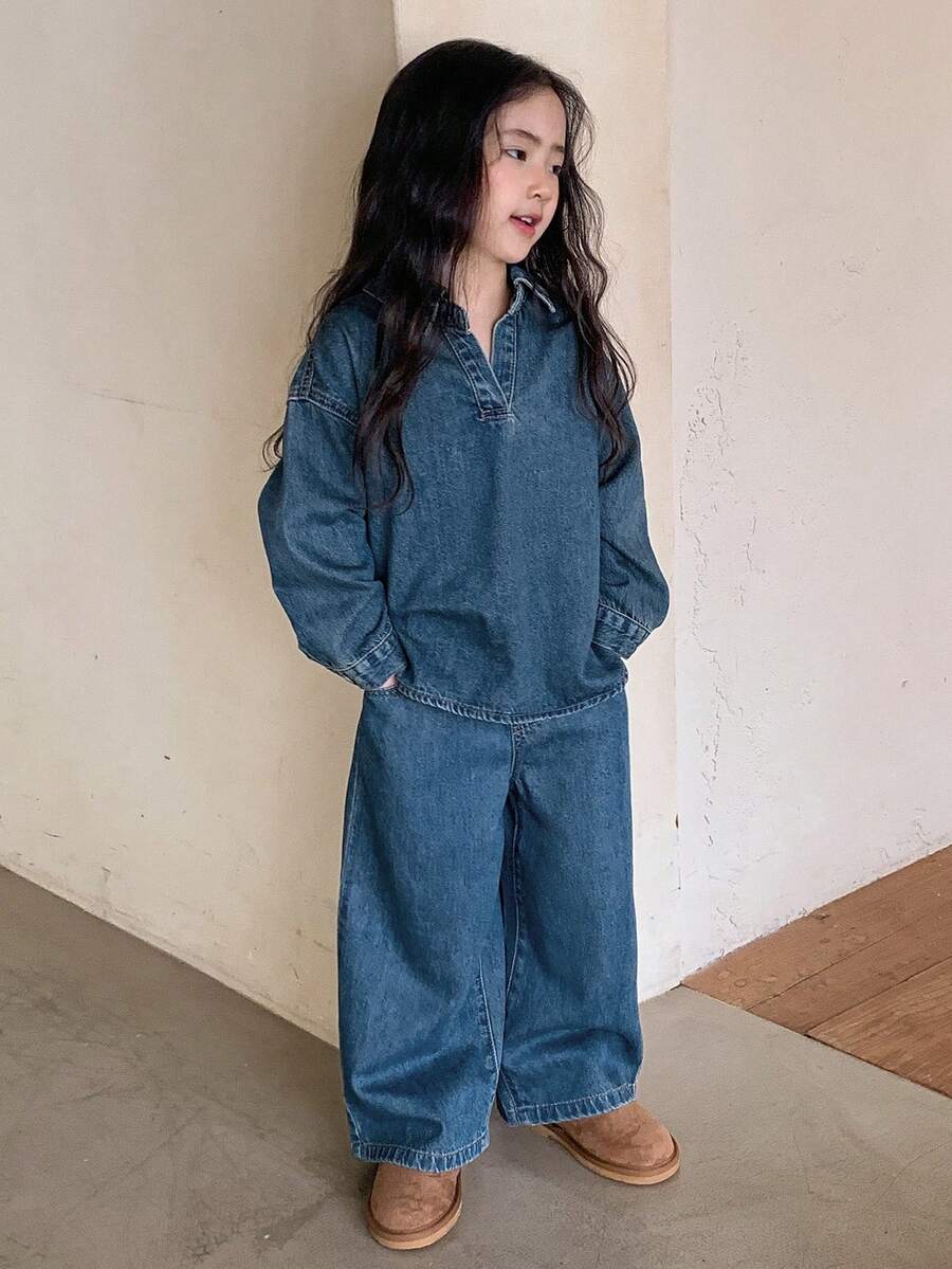 Dazy Kids Bộ 2 áo denim + quần denim ống rộng cho bé gái SeYoung Girlids mùa thu - Rửa trung bình - Xem 1