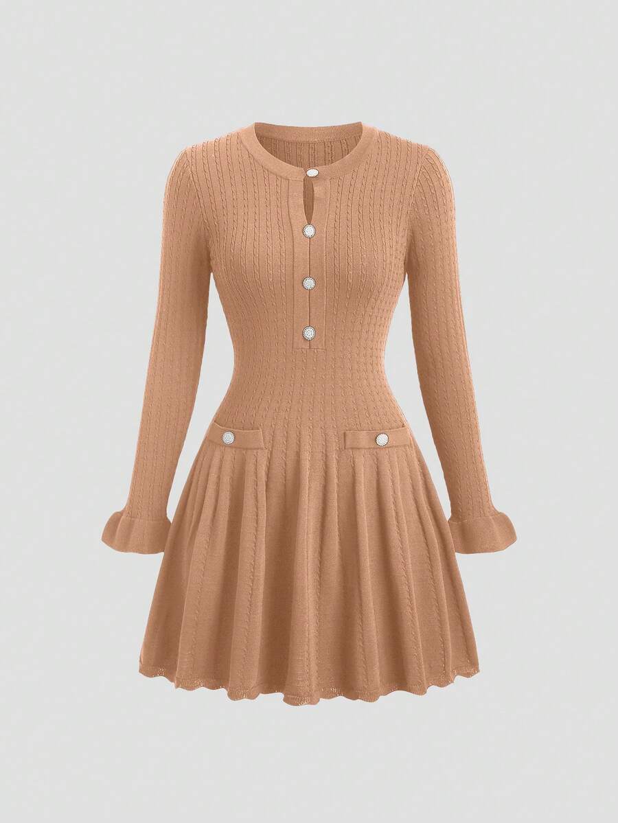 GlowEve Váy len ngắn tay dài màu xanh navy thanh lịch kiểu Pháp đầu thu, viền bèo nhún cổ điển, duyên dáng, thích hợp mặc đi làm - Màu Hồng  San hô - Xem 1