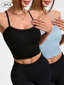 SHEIN Sovereign Charm 2pcs/Set Solid Color Seamless Elastic Fitted Yoga Sports Camisole Ribbed Workout Set Two Piece Athletic Set - Multicolor - View 3