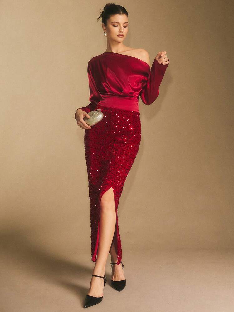 Poéselle 女士纯色不对称肩部蝙蝠袖亮片拼接侧开衩下摆优雅修身连衣裙 - 白色 - 查看 5