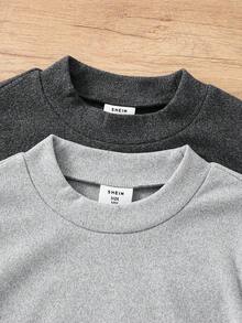 SHEIN 4件套男童舒适圆领长袖T恤和柔软保暖内衬打底裤睡衣套装 - 深灰色 - 查看 5