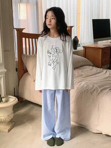 DAZY 2件套/套 少女圆领针织印花长袖T恤+条纹长裤家居服套装，秋季 - 藍色 - 查看 3