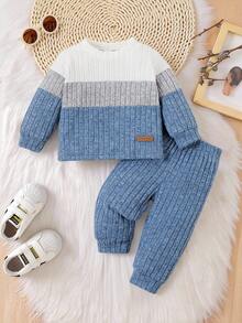 SHEIN Set de 2 piezas para bebé niño: Suéter de cuello redondo de manga larga con bloques de color blanco, gris y verde, y pantalones sólidos de color verde. Conjunto adecuado para salidas, uso casual, deportes y escuela.