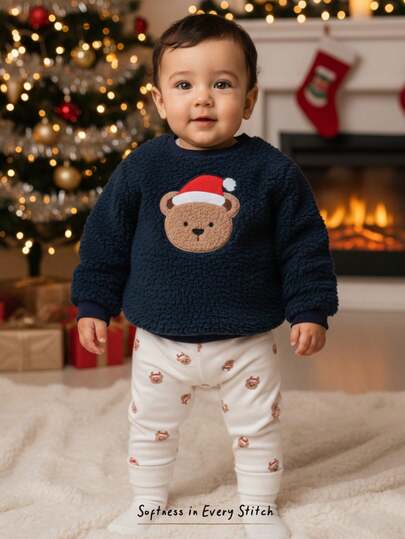 Cozy Pixies 2pcs Baby Boy Christmas Cartoon Bear Pattern Fleece Crew Neck Long Sleeve Hoodie And Elastic Waist Pants Set
