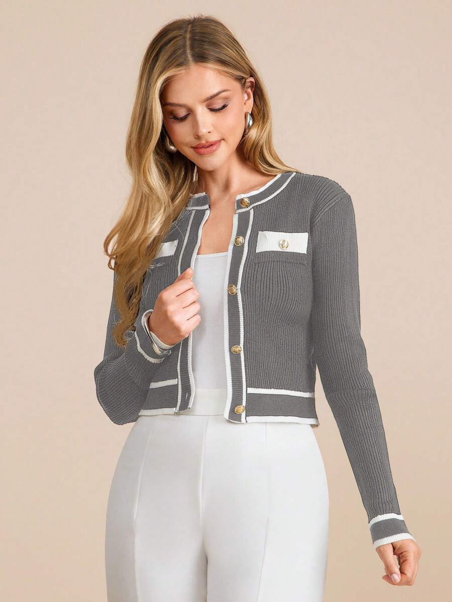 Amorya Women's Grey Rib Knit Crop Cardigan With Round Neck And Long Sleeves Elegant Button Detail - Grey - View 1