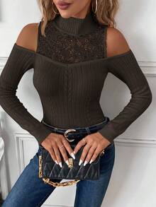 SHEIN Clasi Suéter de mujer de invierno con diseño de manga calada y elegante parche de encaje para fiestas, trabajo y salir - Café integral - Ver 5