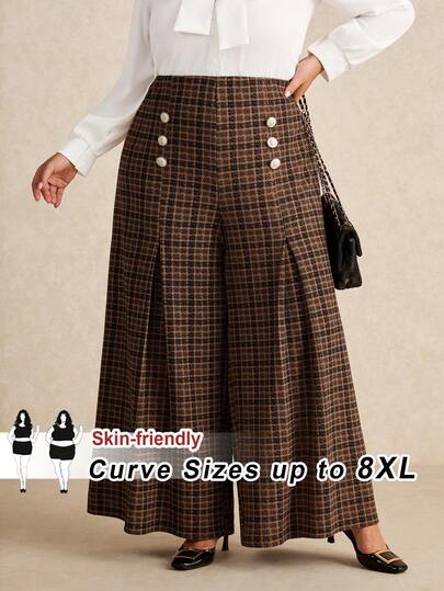 SHEIN CURVE+ Plus Size Women's Retro Plaid Urban Commuting Elegant High Waisted Wide Leg Pants/Winter