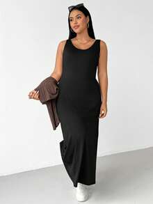 Shapeblank Plus-Size Women's Apple-Shaped Body/Fashion Casual Loose Comfortable Everyday Basic Versatile Brown Long-Sleeved Top And Black Vest Long Dress Two Pieces Set Outfits,Simple Style,Cozy And Clothes For Women Spring