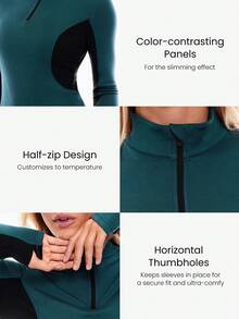 GLOWMODE Icebreaker Wool Blend Slim Fit Hip Length Color Contrast Panels Thumbholes Half Zip Pullover Jacket  Outdoors Daily Casual Wear Spring Summer - Mistle Toned - View 4