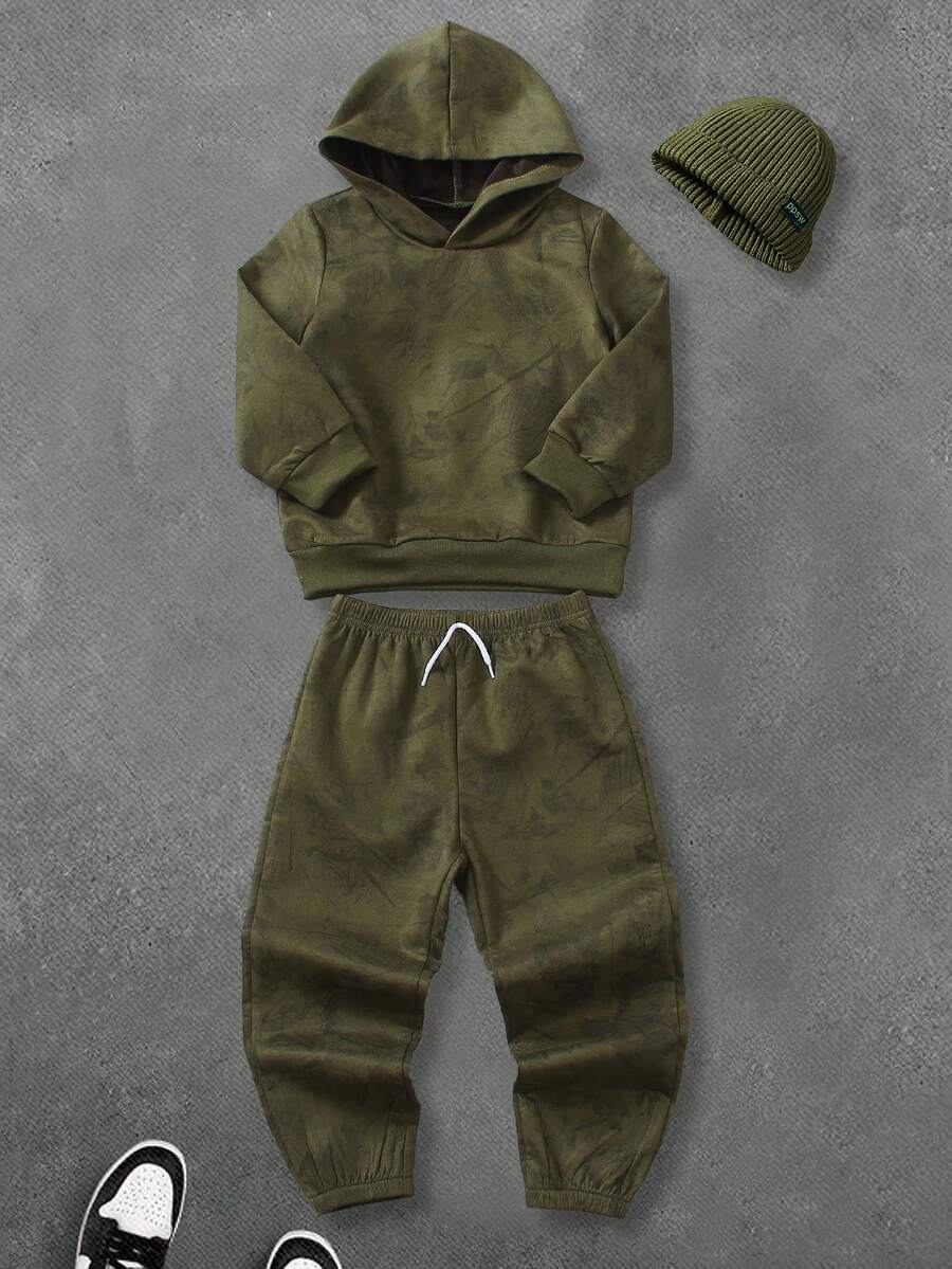 Coolqubz 2pcs/Set Young Boy Casual Solid Color Tie-Dye Sweatshirt + Pants, Suitable For Daily, School, Travel, Outdoor Play, Spring & Autumn - Army Green - View 1