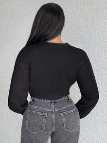 Solid Drop Shoulder Button Up Crop Cardigan,Long Sleeve Tops,Knitted Sweater In Fall/Winter - Black - View 2