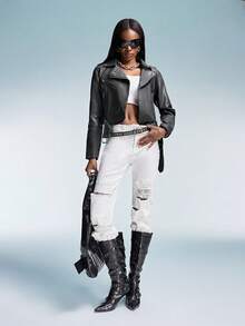 Aveloria GENKIRA 女士纯色翻领长袖PU皮摩托车夹克 - 灰色 - 查看 4