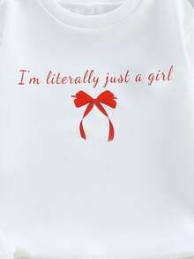 SHEIN Sparklyn 8-12 Years Old Girls Cute Fashion Casual Style White Round Neck Sweatshirt With Pink Letter & Bow Print, Paired With Pink Drawstring Waist Pants, 2Pcs Set - Red - View 6