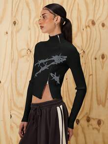 COUREZ Suéter acanalado ajustado con cremallera asimétrica y gráfico / Salida Y2K para mujeres Primavera Tops de salida para mujeres Suéter de primavera para mujeres Rave - Negro - Ver 5