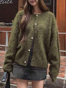 DAZY 柔软宽松圆领女式复古宽松开衫，秋冬款 - 軍綠色 - 查看 4