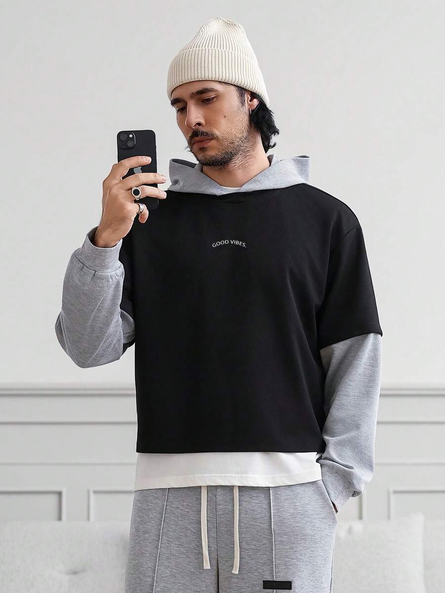 Manfinity Homme 男士撞色拼接连帽卫衣,二合一短款,适合居家或户外穿着,冬季宽松街头风,男士连帽衫,宽松街头风短款连帽衫,落肩设计,长袖上衣 - 彩色 - 查看 1