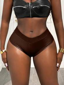 BamGleam BamGlam Casual Slim Fit Sexy PU Leather Women Shorts - Brown - View 4