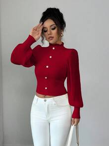 Elenzga Suéter de cuello alto con botones de perla beige, estilo vintage de palacio, elegante, de manga farol, de gasa crema con parches, para otoño/invierno - Rojo - Ver 3