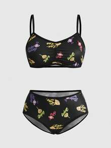 Teletubbies X ROMWE 女士卡通图案吊带背心文胸和内裤套装 - 黑色 - 查看 5