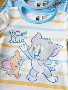 TOM & JERRY X SHEIN 4 件套男婴可爱卡通条纹圆领插肩长袖上衣和打底裤紧身睡衣套装 - 藍白色 - 查看 4