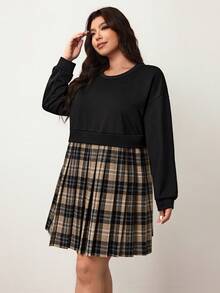 Enliva Plus Size Women Plaid Patchwork Long Sleeve Sweatshirt Dress, Suitable For Autumn/Autumn /Winter, Compatible With Apple Rounded Body Shape/2026 /New Year/Valentine's Day - Black - View 5