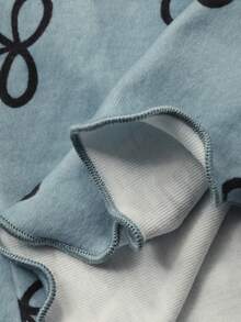DAZY Lace Patchwork Bow Print Ruched Wavy Hem Top & Pants Pajama Set, Sweet, Fall & Winter Clothes - Blue - View 7