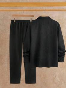 Manfinity VCAY Men's Solid Color Long Sleeve Front Button Textured Casual Shirt Set,High Stretch - Black - View 2