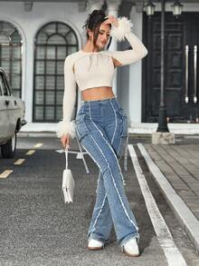 SHEIN Tall 女士高腰毛边工装口袋喇叭裤休闲牛仔裤 - 藍色 - 查看 6