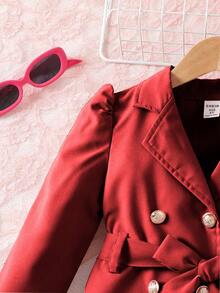 优雅少女外套，翻领，长袖，腰带，左侧蝴蝶网纱设计，迷人可爱 - 紅色 - 查看 3