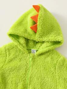 SHEIN Baby Boys Contrast Neon Green Thermal Lined Cute Dinosaur Hooded Romper, Comfortable Casual Fashionable Everyday Outfit, Suitable For Indoor, Outdoor, Skiing, Daily Wear, Sports, Party, Photo Shoot, Festival, Streetwear, Christmas, New Year