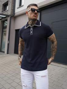 Artur Kramer Top Polo de Estilo Casual Colorblock de Verão para Homens, Estilo Europeu e Americano, com Gola Virada e Botões - Azul Marinho - Visão 1