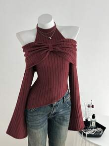 Elamini 1pc Women's Charcoal Gray Personalized Delicate Halter Tie Bow Design Asymmetrical Shoulder Asymmetric Hem Elastic Knit Casual Sweater, Autumn/Winter - Burgundy - View 3