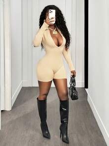 SHEIN BamGlam Women's Solid Color Khaki Sexy Bodysuit, Fitted Long Sleeve Deep V-Neck Polo Collar Party Wear - Apricot - View 5